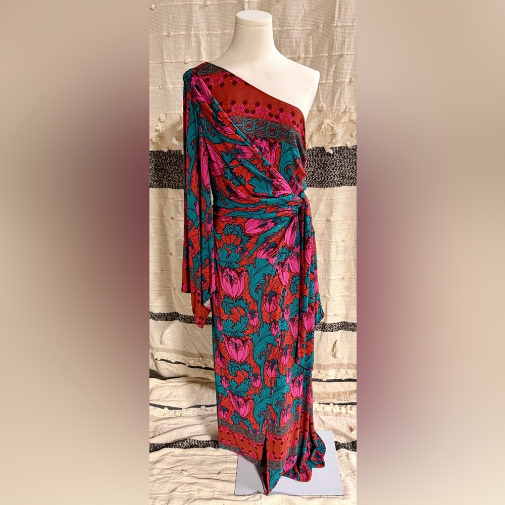 Free People "Pardon my French"One-Shoulder Floral Maxi Dress in Teal and Fuchsia